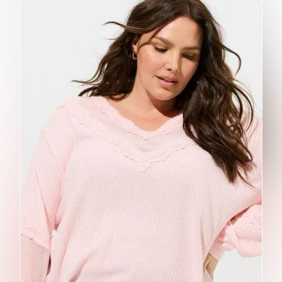 NWT Torrid Waffle VNeck Long Sleeve Mesh Insert  Sweatshirt Almond Blossom 2X - Picture 1 of 12
